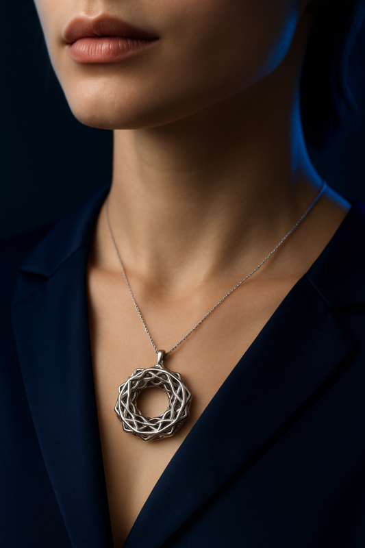 Pendentif Fractal Nest porté au cou, visuel d'ambiance / Fractal Nest pendant worn, mood image