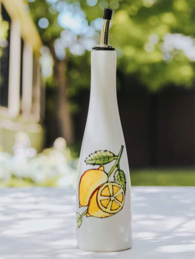Bouteille d’huile citron peinte à la main – Cadeau estival Québec