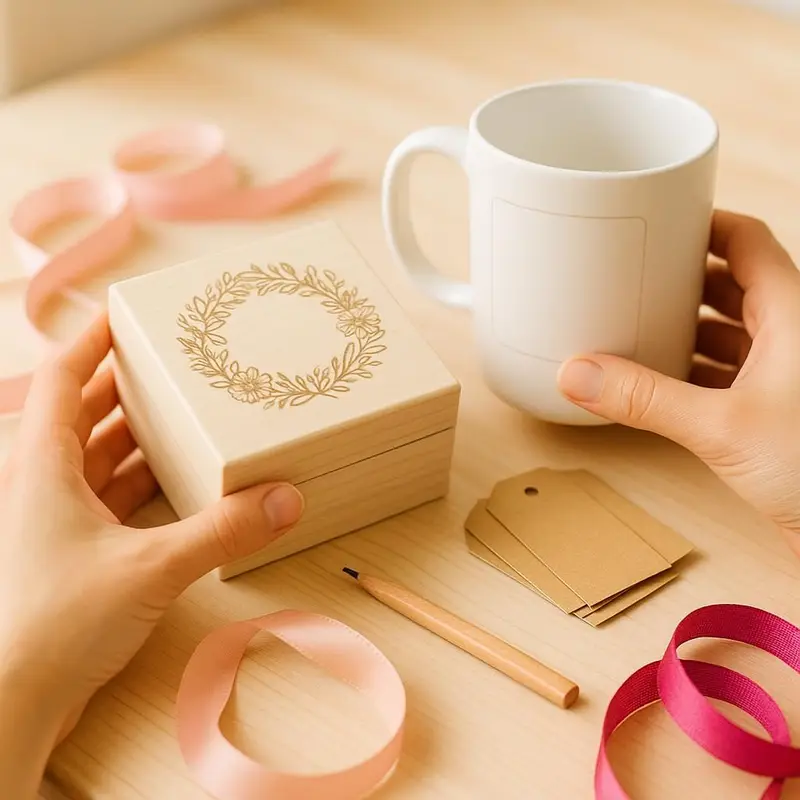 Mains personnalisant une boîte en bois gravée et une tasse