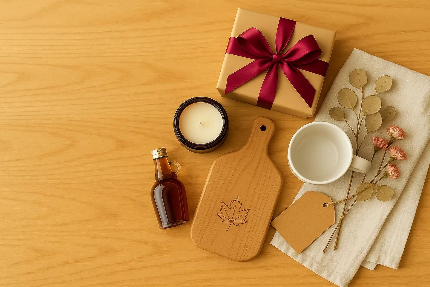 Coffret cadeau, bougie de soya, sirop d’érable et planche gravée d’une feuille d’érable